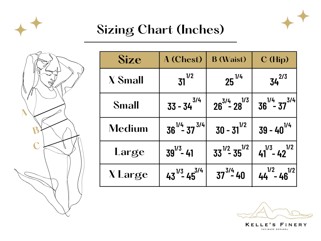 Image of sizing chart that goes by US size in inches, ranging from X Small to X Large. Chart goes by sizes of Chest, Waist, and Hip. To the left there is a drawing of a person with lines across their body, depicting where to measure on clients body.